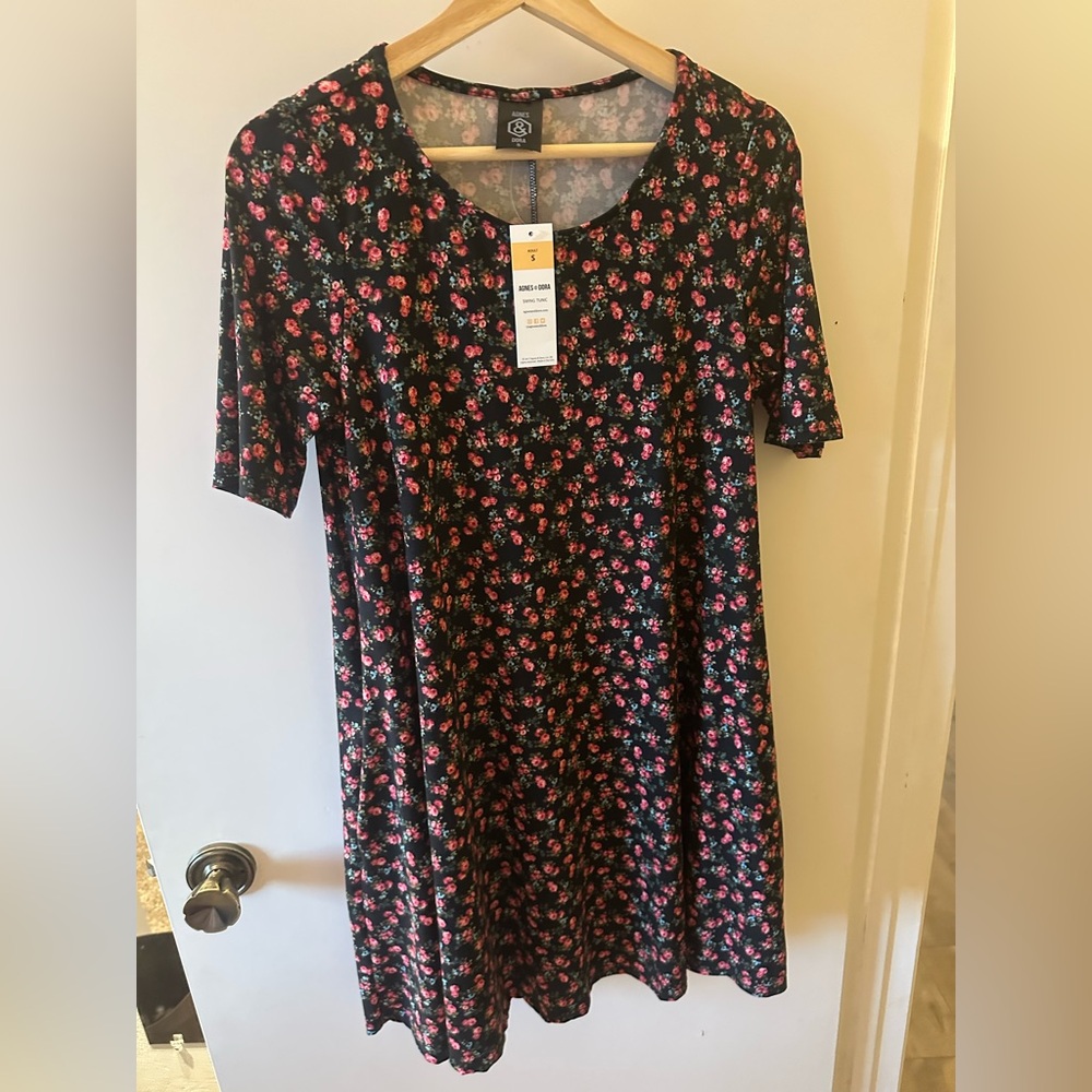 Agnes & Dora Black Tunic with Pink Floral Pattern